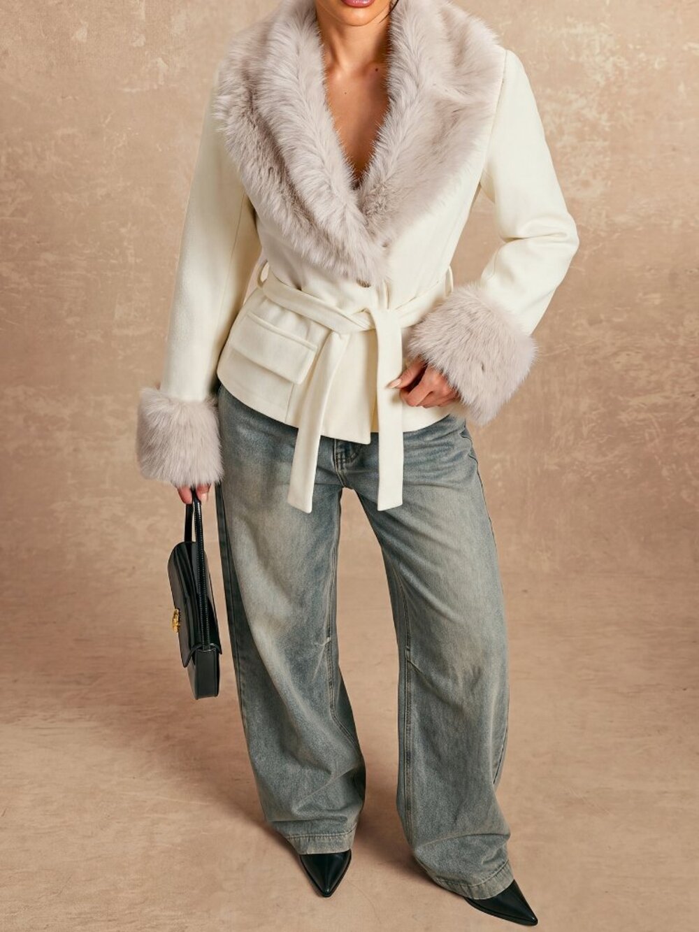 Apricot Casual Women's Button Belted Shawl Collar Double Breasted Jacket